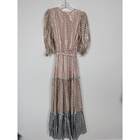 LoveShackFancy Maxi Dress Women’s Medium Wrap Tiered Metallic Gingham - Picture 3 of 16